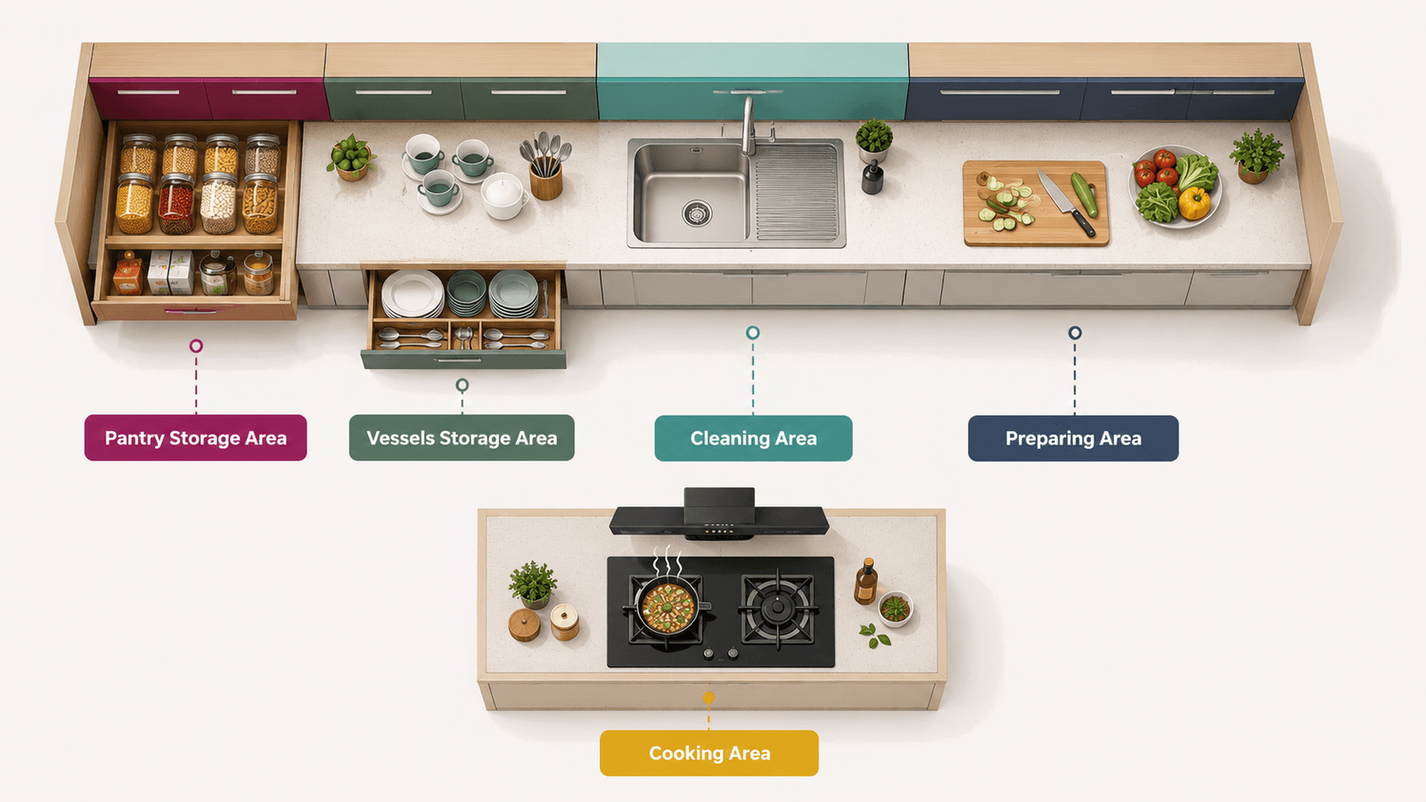 Modular Kitchen Design Selection - Pantry, Vessels Storage, Cleaning, Preparing and Cooking Zones
